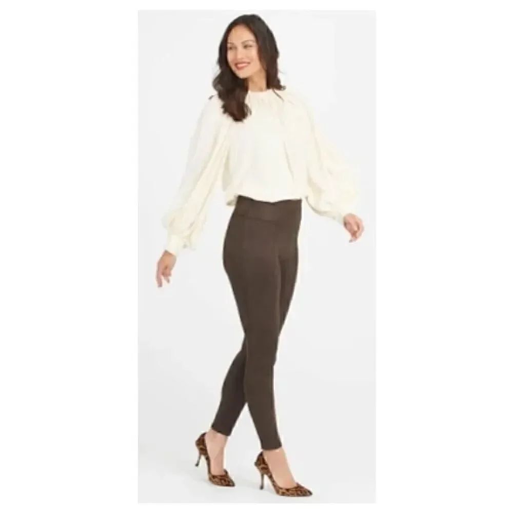SPANX 20322R FAUX SUEDE SHAPING LEGGINGS IN BROWN SIZE LARGE
